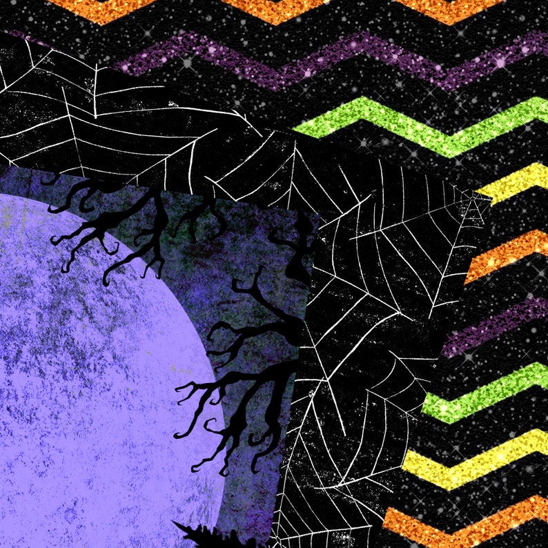 K&ouml;nnte beinhalten: Eine digitale Illustration eines violetten Mondes mit einem schwarzen Spinnennetz und &Auml;sten im Hintergrund. Der Hintergrund ist ein schwarz-wei&szlig;es Chevron-Muster mit orangefarbenem, gr&uuml;nem und violettem Glitzer.