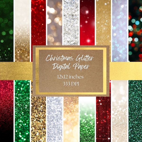 Christmas Glitter Digital Paper and Background - Sparkle Backgrounds, Red, Green, Gold, and Silver Glitter Printable Digital Paper