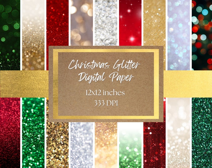 Christmas Glitter Digital Paper and Background - Sparkle Backgrounds, Red, Green, Gold, and Silver Glitter Printable Digital Paper