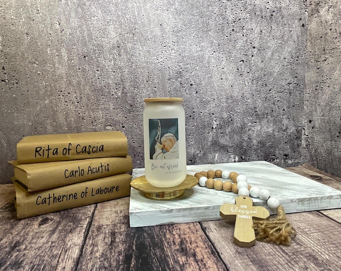 Pope Saint John Paul II Frosted Glass Can Cup with Lid I Catholic Glass Can I Religious Glass Can I Saint Glass for Her