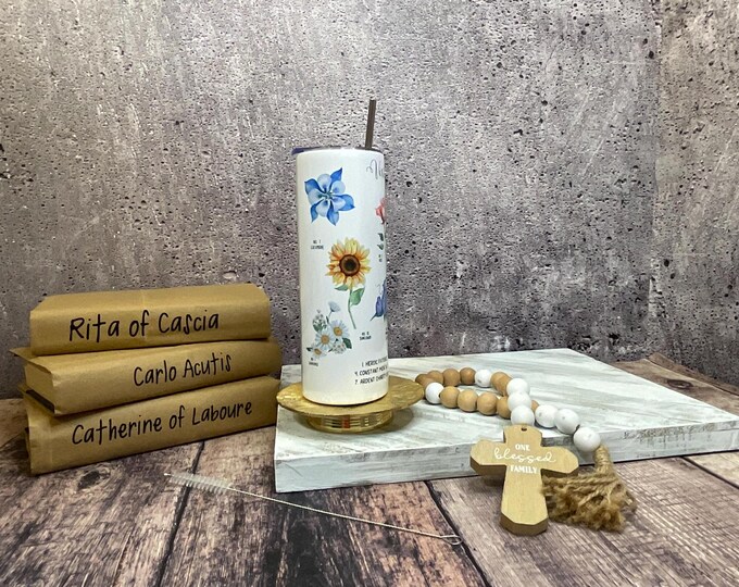 Mary’s Virtue Flowers Stainless Steel 20 oz Skinny Tumbler I Catholic Tumbler I Religious Tumbler I Religious Tumbler for Her