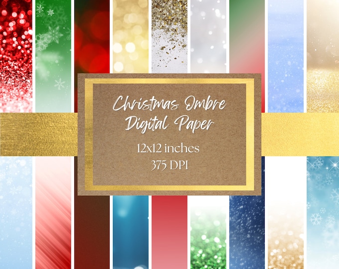Christmas Ombre Digital Paper and Background - Plaid Backgrounds, Red, Green, Gold, and White Printable Digital Paper 375+ DPI
