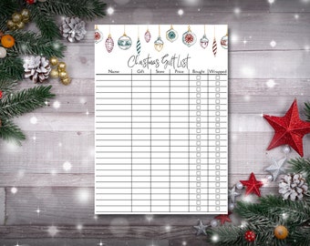 May include: A printable Christmas gift list with a festive border of colorful ornaments. The list includes columns for name, gift, store, price, bought, and wrapped.