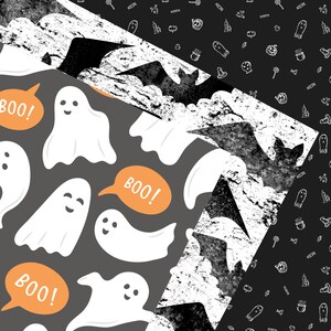 K&ouml;nnte beinhalten: Ein digitales Papierpaket mit drei verschiedenen Halloween-Mustern. Das erste Muster zeigt wei&szlig;e Geister auf grauem Hintergrund mit orangefarbenen Sprechblasen, auf denen "Boo!" steht. Das zweite Muster zeigt schwarze Flederm&auml;use auf wei&szlig;em Hintergrund mit einer abgenutzten Textur. Das dritte Muster zeigt einen schwarzen Hintergrund mit wei&szlig;en Halloween-Kritzeleien.