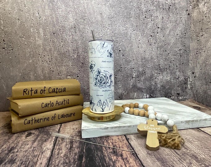 Marian Floral Litany Stainless Steel 20oz Skinny Tumbler I Mary’s Litany and Mary’s Virtue Flowers Tumbler I Catholic Tumbler for Her