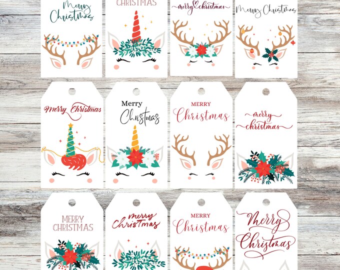 Christmas reindeer, llame, red and green printable gift tags, instant download