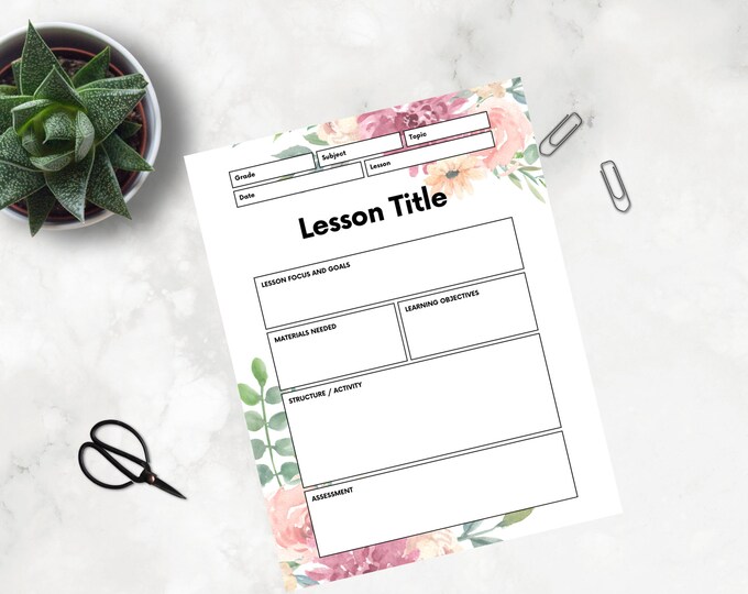 Printable Watercolor Flower Lesson Plan, Cute Lesson Plan, Digital Lesson Plan, Classroom, Teacher supplies