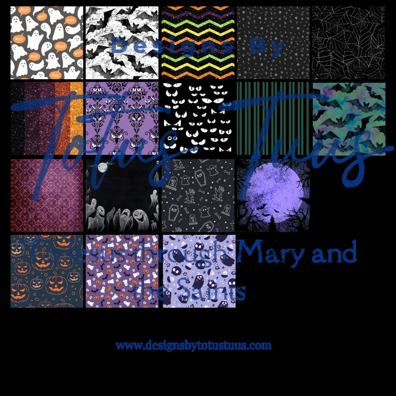 K&ouml;nnte beinhalten: Eine digitale Collage aus 16 Halloween-Mustern. Die Muster beinhalten Geister, Flederm&auml;use, K&uuml;rbisse, Augen und mehr. Der Text "Designs by Totally Thugs Mary and the Saints" befindet sich am unteren Rand der Collage. Die Website-Adresse "www.designbytotallythugs.com" befindet sich am unteren Rand der Collage.
