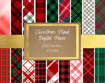 Digitales Papier und Hintergrund mit weihnachtlichem Karomuster – Karomuster in Rot, Grün, Gold und Weiß, druckbares digitales Papier mit über 300 dpi