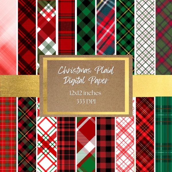 Christmas Plaid Digital Paper and Background - Plaid Backgrounds, Red, Green, Gold, and White Printable Digital Paper 300+ DPI