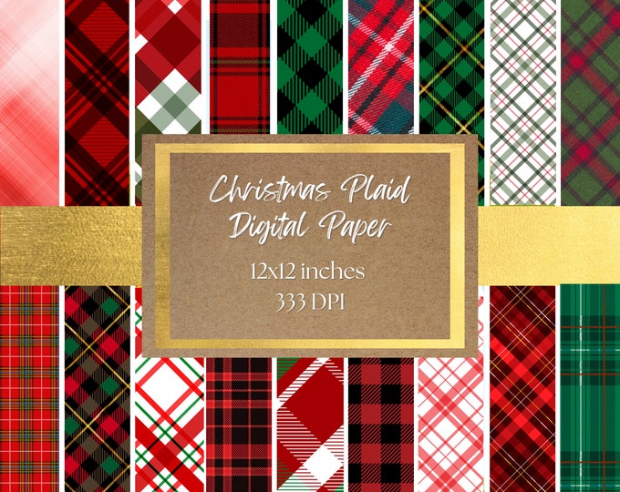 Christmas Plaid Digital Paper and Background - Plaid Backgrounds, Red, Green, Gold, and White Printable Digital Paper 300+ DPI