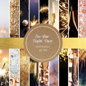 Nieuwjaar glitter digitaal papier en achtergrond - nieuwjaarsachtergronden, champagne, vuurwerk en sprankelend afdrukbaar digitaal papier 417 DPI