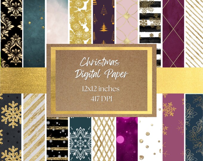 Christmas Digital Paper and Background - Modern Patterns, Backgrounds, Gold, Black, Purple, and White Printable Digital Paper 417 DPI