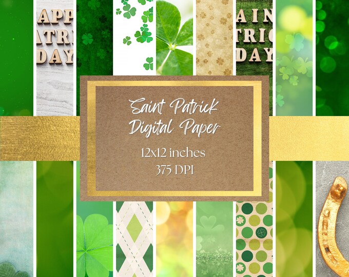 Saint Patrick Digital Paper and Background - St Patrick's Backgrounds, Clovers, Bokeh, and Sparkly Printable Digital Paper 333 DPI