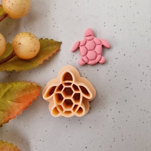 Op de afbeelding: Twee schildpadvormige koekjessnijders en een roze schildpadfiguur worden weergegeven op een grijze ondergrond. Eén uitsteker is lichtbruin met een honingraatontwerp en de andere is een effen roze schildpad. Decoratieve elementen zijn op de achtergrond.