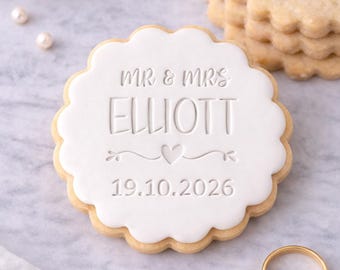 Gepersonaliseerde stempel en uitstekers voor bruiloftskoekjes voor M&S-koekjes, aangepaste koekjesdebosser, stempel bruiloftkoekje gunst, meneer mevrouw koekjesstempel