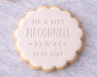 Stampo e tagliabiscotti personalizzati per biscotti nuziali M&S, debosser per biscotti personalizzato, timbro per bomboniere di biscotti nuziali, timbro per biscotti Mr & Mrs