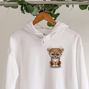 Cute Baby Leopard With Glasses Hoodie, Animal Hoodie, Animal Lover Hoodie, Safari Hoodie, Leopard Hoodie, Graphic Hoodie, Cute Animal Gift