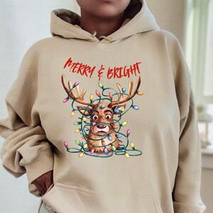 Merry and Bright Hoodie, Reindeer-Themed Sweatshirt,Holiday Cheer Sweatshirt, Xmas Animal Sweatshirt, Christmas Tee, Merry Christmas Hoodie