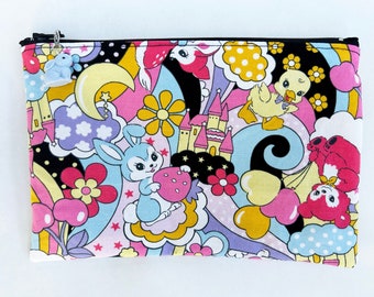 Kawaii Zipper Pouch with bunny charm / Cute animals cosmetics bag / black and rainbow bag / Pastel goth bag