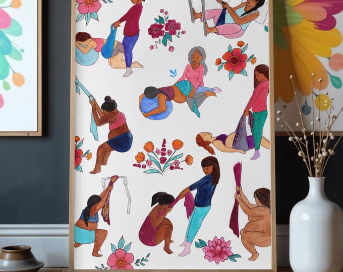 Digital Birth Positions Poster- Rebozo fabric with flowers