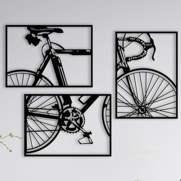 Set of 3 Panel Bike Metal Wall Art: Modern Garage Decor, Bicycle Theme