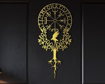 Vegvisir Wanddekoration aus Metall, Wikinger-Wandschild, isländische Kunst, Wohnzimmerdekoration, Wandbehang aus Metall, Weihnachtsgeschenk