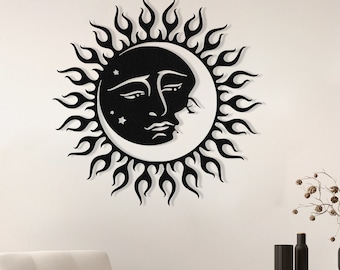 Sun and Moon Metal Wall Art: Bohemian Mystic Decor, Celestial Style