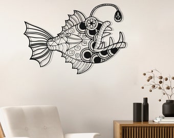 Angler Fish Metal Wall Decor, Deep Ocean Fish, Deep Sea Fishing, Metal sign sculpture, Outdoor wall decor, Housewarming gift