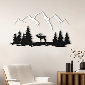 Set di 2 decorazioni da parete in metallo con foresta di montagna - Scena di cervi e alberi / Decorazione da parete naturalistica / Decorazione da parete rustica con baita, regalo per la festa del papà