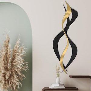 Wavy Metal Wall Art, Modern Gold Accent Decor, Matte Black Living Room Piece