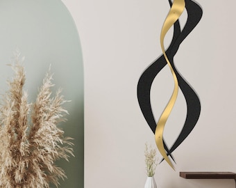 Wavy Metal Wall Art, Modern Gold Accent Decor, Matte Black Living Room Piece