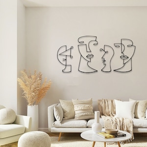 Minimalistyczne abstrakcyjne twarze metalowe ściany zestaw sztuki, zestaw 4 abstrakcyjne sztuki ścienne, minimalistyczna metalowa linia zdjęcie 1