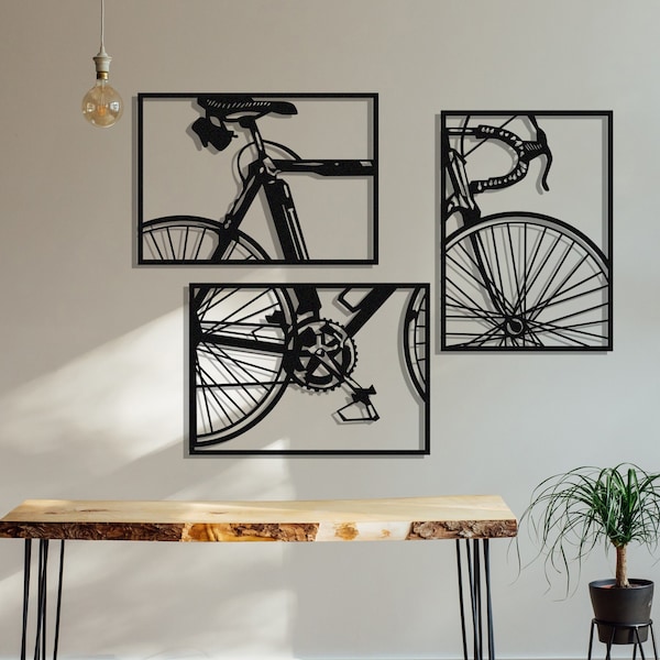 Set von 3 Metall-Fahrrad-Wand-Kunst, Metall-Wand-Skulptur, Metall-Wand-Dekor, Radfahren Wand-Dekor, Fahrrad-Kunst, Wand-Kunst, Büro-Dekor