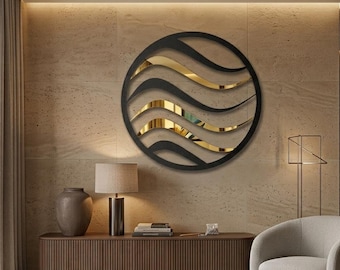 Round Metal Wall Art | Black Geometric Mirror, Mirrored Acrylic Waves Sculpture