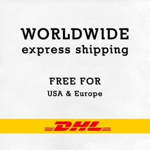May include: White background with the words "WORLDWIDE express shipping" in black. Below, the text "FREE FOR USA & Europe" is displayed. The DHL logo, featuring red and yellow colors, is at the bottom.
