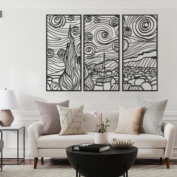 Van Gogh Starry Night Metal Wall Art: Modern Triptych Panel