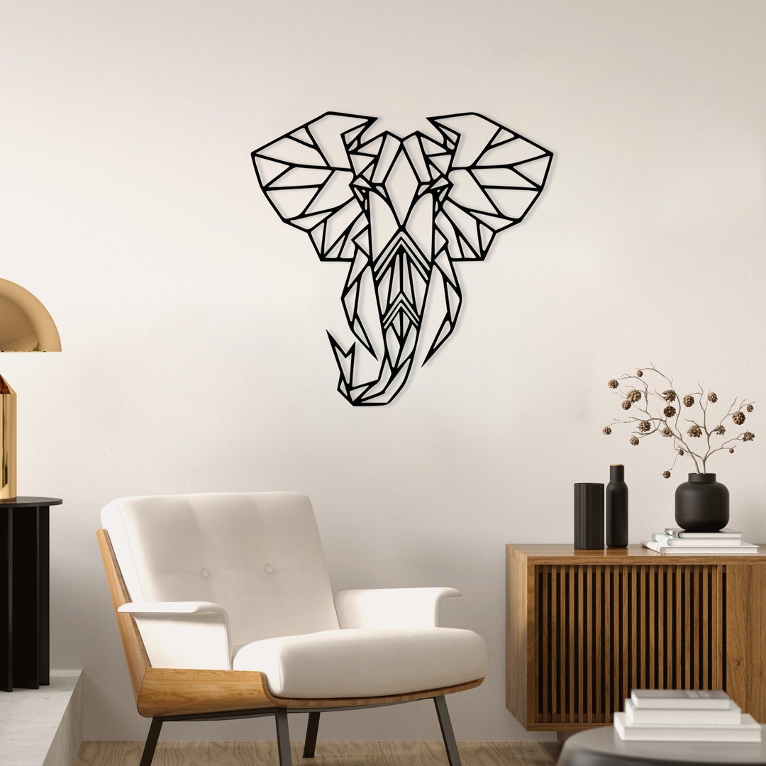 Metal Elephant Wall Art – Geometric Design With Birds, Black Powder Coated, 34.5"W X 44"H