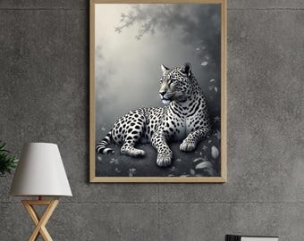 Art mural élégant léopard noir et blanc – Téléchargement numérique | Décor animalier | Poster imprimable | Imprimé jungle