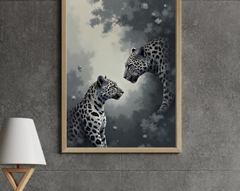 Art mural élégant léopard noir et blanc – Téléchargement numérique | Décor animalier | Poster imprimable | Imprimé jungle