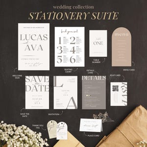 Gedempte luxe: ultiem bruiloftsarrangement | Beigebruine uitnodigingssuite | Modern welkomstbord stoelindeling | Complete set bruiloftsbenodigdheden