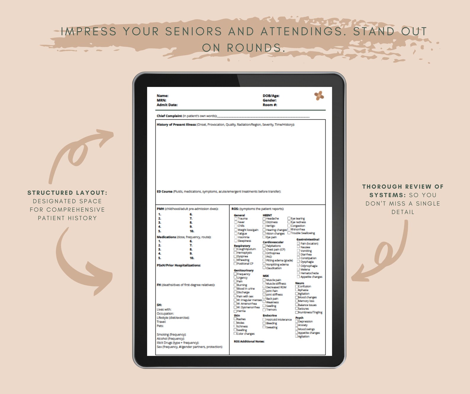 DIGITAL Download Printable Essential H&amp;P Clinical Template for Medical ...
