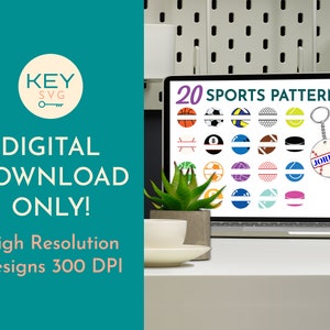 Op de afbeelding: Een computerscherm waarop 20 verschillende sport-sleutelhangerontwerpen worden weergegeven. De ontwerpen tonen verschillende sporten, waaronder basketbal, voetbal, volleybal, golf, tennis, honkbal en hockey. De tekst "20 SPORTS PATTERN" wordt bovenaan het scherm weergegeven. De tekst "KEYCHAIN DESIGNS" wordt in de rechterbovenhoek van het scherm weergegeven.