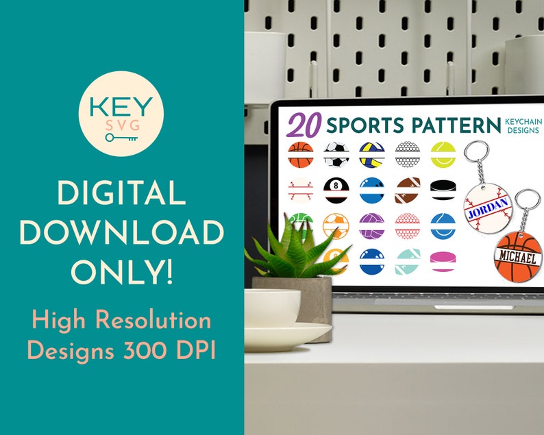 Op de afbeelding: Een computerscherm waarop 20 verschillende sport-sleutelhangerontwerpen worden weergegeven. De ontwerpen tonen verschillende sporten, waaronder basketbal, voetbal, volleybal, golf, tennis, honkbal en hockey. De tekst "20 SPORTS PATTERN" wordt bovenaan het scherm weergegeven. De tekst "KEYCHAIN DESIGNS" wordt in de rechterbovenhoek van het scherm weergegeven.