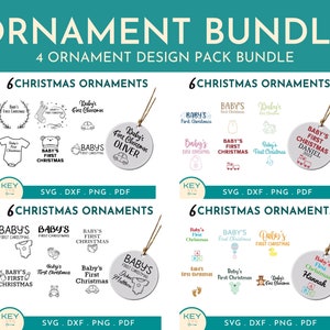 May include: A digital download of 24 Christmas ornament designs featuring the text "Baby's First Christmas" with various illustrations and names. The designs are available in SVG, DXF, PNG, and PDF formats.