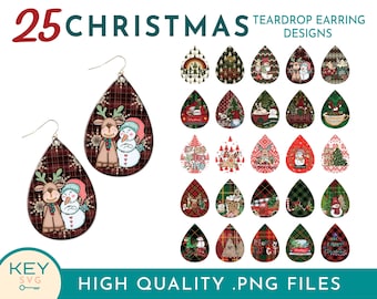 25 Brincos de Lágrima de Feliz Natal Png, Xadrez de Búfalo Png, Enfeite de Natal png, Brincos de Sublimação Png, Pacote de Brincos Png, Sublimado