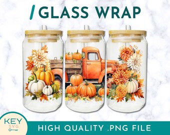 Fall Tumbler Wrap With Truck Png Sublimation Glass Can Wraps 16oz / 20oz Png Presized, Pumpkin Png,  Fall Sublimation Wrap, Fall Png