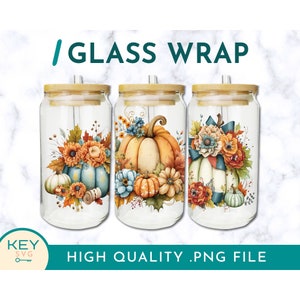 May include: Three glass jars with lids and straws, decorated with fall-themed designs featuring pumpkins, leaves, and flowers in shades of orange, yellow, blue, and green. The text "GLASS WRAP" is displayed above the jars.