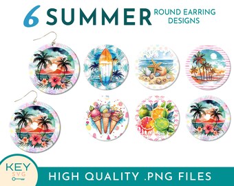 Summer Round Earring Sublimation Designs Png, Beach Earrings Png, Summer Vibes Earrings Png, Summer Earring Bundle, Vacation Earrings