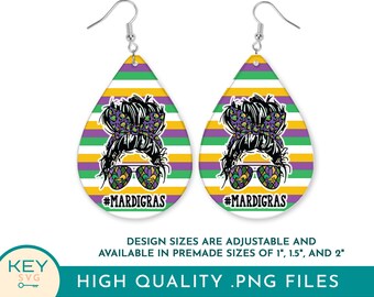 Mardi Gras Messy Mum Bun Teardrop Sublimation Earring Png, Mardi Gras Earrings, Carnival Earring Designs Png, Teardrop Earring Png